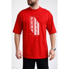 Caddekombin Erkek Fearless Yazı Baskılı Petek Dokulu Bisiklet Yaka Kırmızı T-Shirt