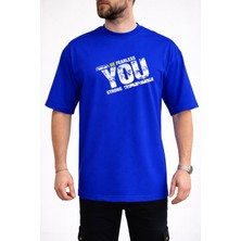 Caddekombin Erkek Fearless ve Strong Tasarımlı Eskitme Baskı Bisiklet Yaka Saks Mavi T-Shirt