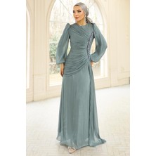 Olcay Inci ve Pilise Detaylı Yoryo Ipek Tesettür Abiye Elbise Su Yeşili 1249