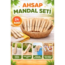 Doğal Ahşap Mandal Seti 24 Adet – Paslanmaz Yaylı, Dayanıklı Çamaşır Mandalı