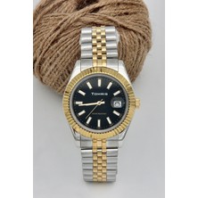 Tomris Tomrıs Tamamen Çelik, Su Geçirmez, Altın Gümüş Renk Kordon, Çizgili, Takvimli, Kol Saati