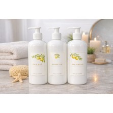 AY&ÇA Home 3'lü Soft  Beyaz Başlıklı Şampuan, Duş Jeli ve Saç Kremi  Limon Görseli Etiketli 500 ml Plastik Şişe