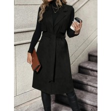 Pazarcan Kadın Kolsuz Yakalı Önü Açık Belden Kuşaklı Süet Midi Yelek