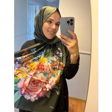 Vavelli Büyük Gül Desen Yeşil Twill Ipek Eşarp