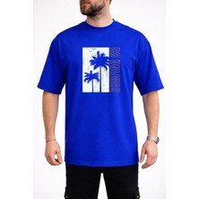 Caddekombin Erkek Palmiye Silüetli Surfing Co Yazı Baskılı Bisiklet Yaka Saks Mavi T-Shirt