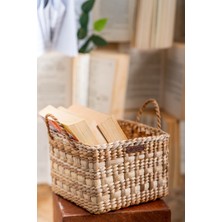 Atandu Home %100 El Yapımı Doğal Kulplu Kare Hasır Sepet | 20×20×16 cm | Dekoratif Organizer | Çok Amaçlı Saklama Sepeti