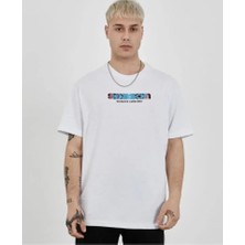 ModaSize Unisex Bisiklet Yaka Baskılı Oversize T-Shirt - Beyaz