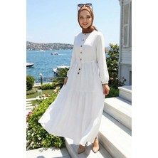 Büzgülü Düğmeli Bağcıklı Ayrobin Elbise Beyaz HM268811