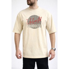 Caddekombin Erkek Lineer Çizgi Unlimited Yazı Baskılı Bisiklet Yaka Bej T-Shirt
