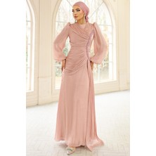 Olcay Inci ve Pilise Detaylı Yoryo Ipek Tesettür Abiye Elbise Pudra 1249