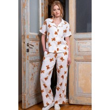 Godewo Ayıcık Baskılı Gömlek Yaka Kadın Pijama Takımı K412022
