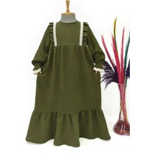 Betül Akbay Kız Çocuk Fistolu Müslin Elbise - Masal Model Uzun Tesettür Elbise Haki