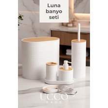 Ucco 6 Parça Banyo Seti - Bambu Kapaklı Banyo Organizeri - Çöp Kovası Diş Fırçalık Sabunluk Banyo Fırçası