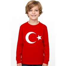 Lovexi Türk Bayrağı Ay Yıldız Baskılı Kırmızı Uzunkol Tişört (23 Nisan  19 Mayıs)