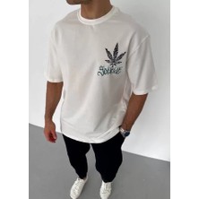 ModaSize Unisex Bisiklet Yaka Baskılı Oversize T-Shirt - Beyaz