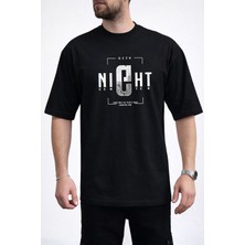 Caddekombin Erkek Night Center Yazı Baskılı Bisiklet Yaka Siyah T-Shirt