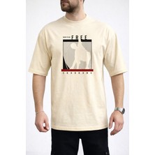 Caddekombin Erkek Born To Be Free Yazı Baskılı Bisiklet Yaka Bej T-Shirt
