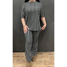 Aslami Tekstil Siyah Beyaz Çizgili Pamuklu Fitilli Kadın Ikili Takım - Nefes Alan Esnek Günlük Set