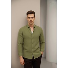 Bürke Keten Dokulu Yeşil Yarım Oversize Yazlık Erkek Gömlek