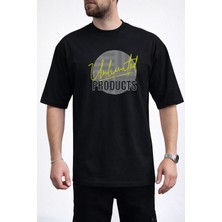 Caddekombin Erkek Lineer Çizgi Unlimited Yazı Baskılı Bisiklet Yaka Siyah T-Shirt