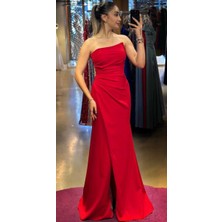 Abiyeniall Kırmızı Anvelop  Yırtmaçlı Düz Kesim Krep Uzun Abiye Elbise 7324