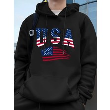 Abd Amerika Bayrağı Baskı Erkek Tişörtü Kış Polar Sıcak Kapüşonlular Temelleri Büyük Boy Cep