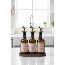 EA Home Concept Ahşap Stantlı Gold Başlıklı 3'lü 250 ml Sirke | Nar Ekşisi ve Limon Suyu Sosluk Seti Cam Yağdanlık