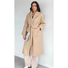 Gülseli Kadın Çift Cepli Bel Kuşaklı Astarlı Çizgi Desenli Kaşe Kaban