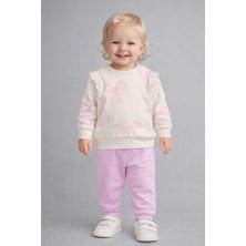 Dinamik çocuk Kız Bebek Fiyonk Desenli Kol Detaylı Sweatshirt + Eşofman Altı 2'li Takım 3-6-9-12AYLIK