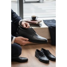 Enoch Siyah Hakiki Deri Yan Paneli Lazer Işlemeli Bağcıklı Klasik Ayakkabı