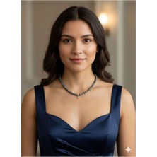 Eski Yeni Antik Gümüş Ayrıntılı Siyah Inci Kolye