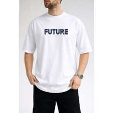 Caddekombin Erkek Future Yazı Baskılı Bisiklet Yaka Beyaz T-Shirt