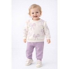 Dinamik çocuk Kız Bebek Fiyonk Desenli Kol Detaylı Sweatshirt + Eşofman Altı 2'li Takım 3-6-9-12AYLIK