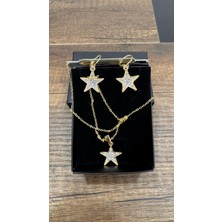 Ekonomik Sepeti Yıldız Desenli Gold Renkli Zirkon Taşlı Kolye-Küpe Set