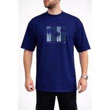 Caddekombin Erkek Good Vibes Yazılı Palmiye Ağacı Baskılı Bisiklet Yaka Lacivert T-Shirt