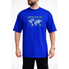 Caddekombin Erkek Yeşil Çizgili Dünya Haritası Baskılı Bisiklet Yaka Saks Mavi T-Shirt