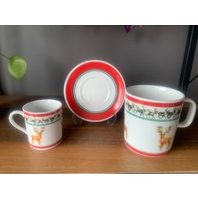 Konyax Noel Baba Geyik Yeni Yıl 6 Parça 2 Kişilik Porselen Kupa ve Türk Kahvesi Fincan Takımı