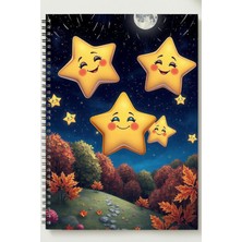Black-One Neşeli Yıldız Temalı A5 Metal Spiralli Çizgisiz Kalın Bristol Kapak Yıldız Temalı