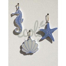 Ecolia Store 3’lü Marin Temalı Duvar Süsü Seti - Deniz Atı, Deniz Yıldızı ve Istiridye Mavi Beyaz
