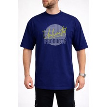 Caddekombin Erkek Lineer Çizgi Unlimited Yazı Baskılı Bisiklet Yaka Lacivert T-Shirt