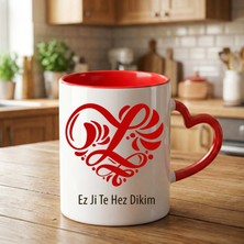 Zerya Kürtçe Ez Ji Te Hez Dikim Yazılı Kırmızı Kalp Desenli Kupa Bardağı - Ez Ji Te Hez Dikim Kalp Tasarımlı Kupa Bardak