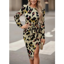 Kadın Uzun Kollu Yuvarlak Yaka Belden Kuşaklı Önden Yırtmaçlı Örme Krep Elbise