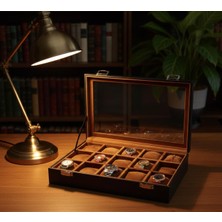 ZYC Lüks 15 Yuvalı Lüks Deri Cam Kapaklı Şık Tasarıma Sahip Saat Saklama Kutusu Ebat (34X24X8) cm