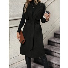 Arben Boutique Kadın Kolsuz Yakalı Önü Açık Belden Kuşaklı Süet Midi Yelek