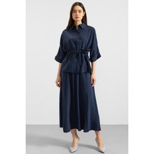 Olcay Belden Büzgülü Truvakar Kollu Modal Gömlek Lacivert 9409