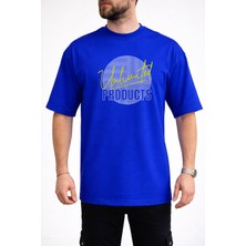 Caddekombin Erkek Lineer Çizgi Unlimited Yazı Baskılı Bisiklet Yaka Saks Mavi T-Shirt