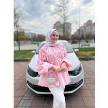 RFK Butik Kadın Balon Kol Çiçek Detaylı Tasarım Bluz Tunik - Pembe