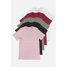 Stoykis Erkek Beyaz Bordo Haki Siyah Pudra %100 Pamuklu 5 Li T-Shirt Paketi Regular Fit