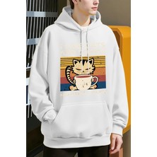 Sevimli Kedi Kahve Içiyor Desen Erkekler Y2K Hoody Hip Hop Polar Moda Hoodie Büyük Boy Sokak