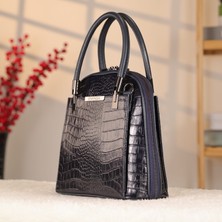 Lacivert Renk Timsah Desen Deri Çanta - Hakiki Deri 40085 - Çok Bölmeli , Omuz Askılı